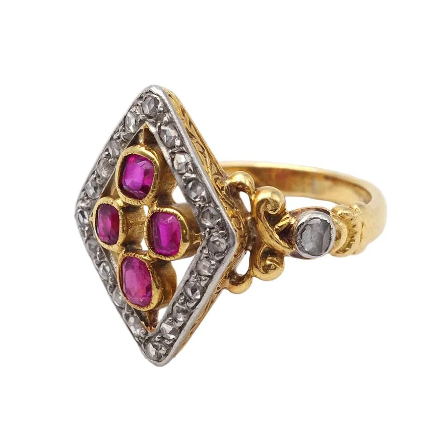Bague Marquise en or jaune, platine, rubis et diamants - Image 3