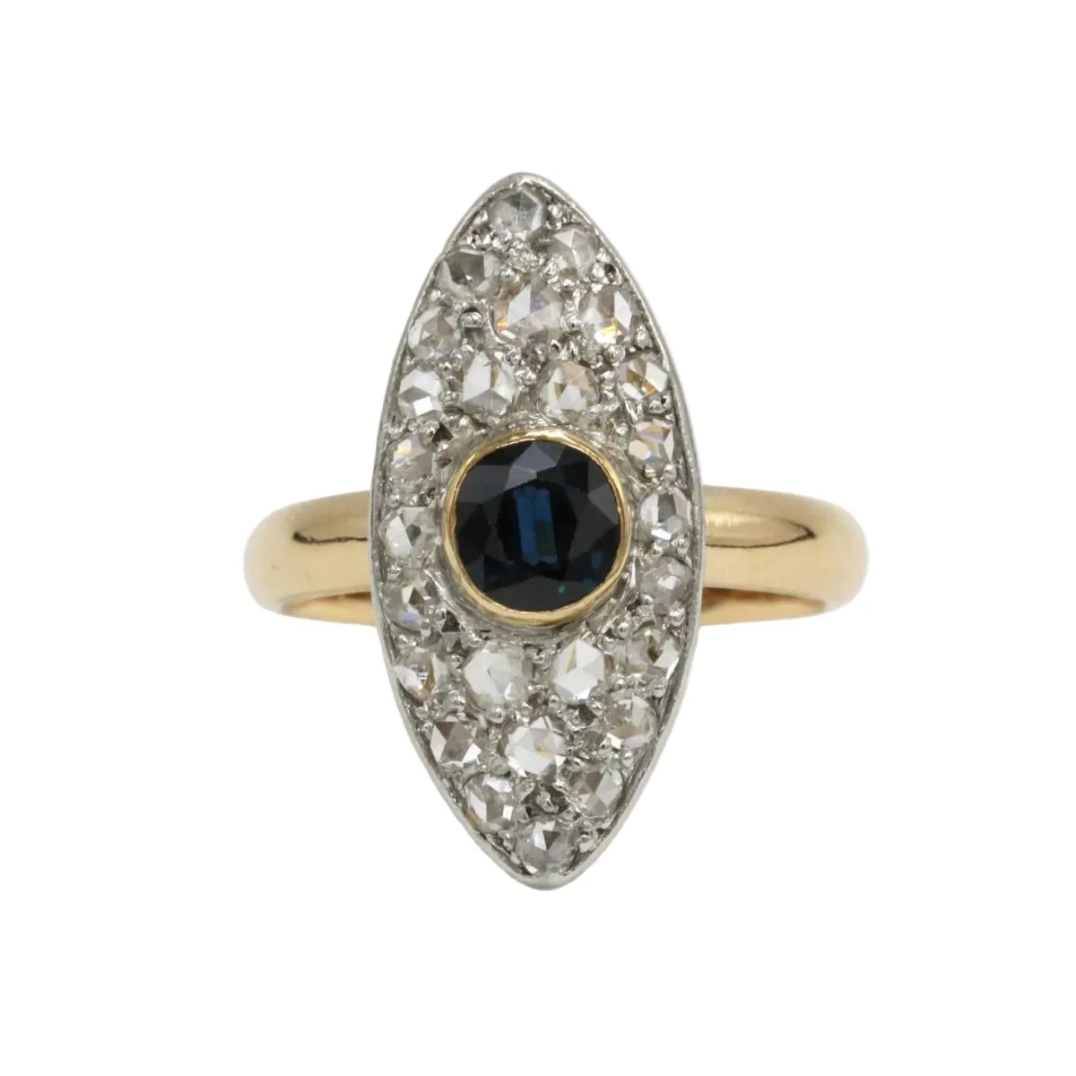 Bague Marquise en or jaune, platine, saphir et diamants