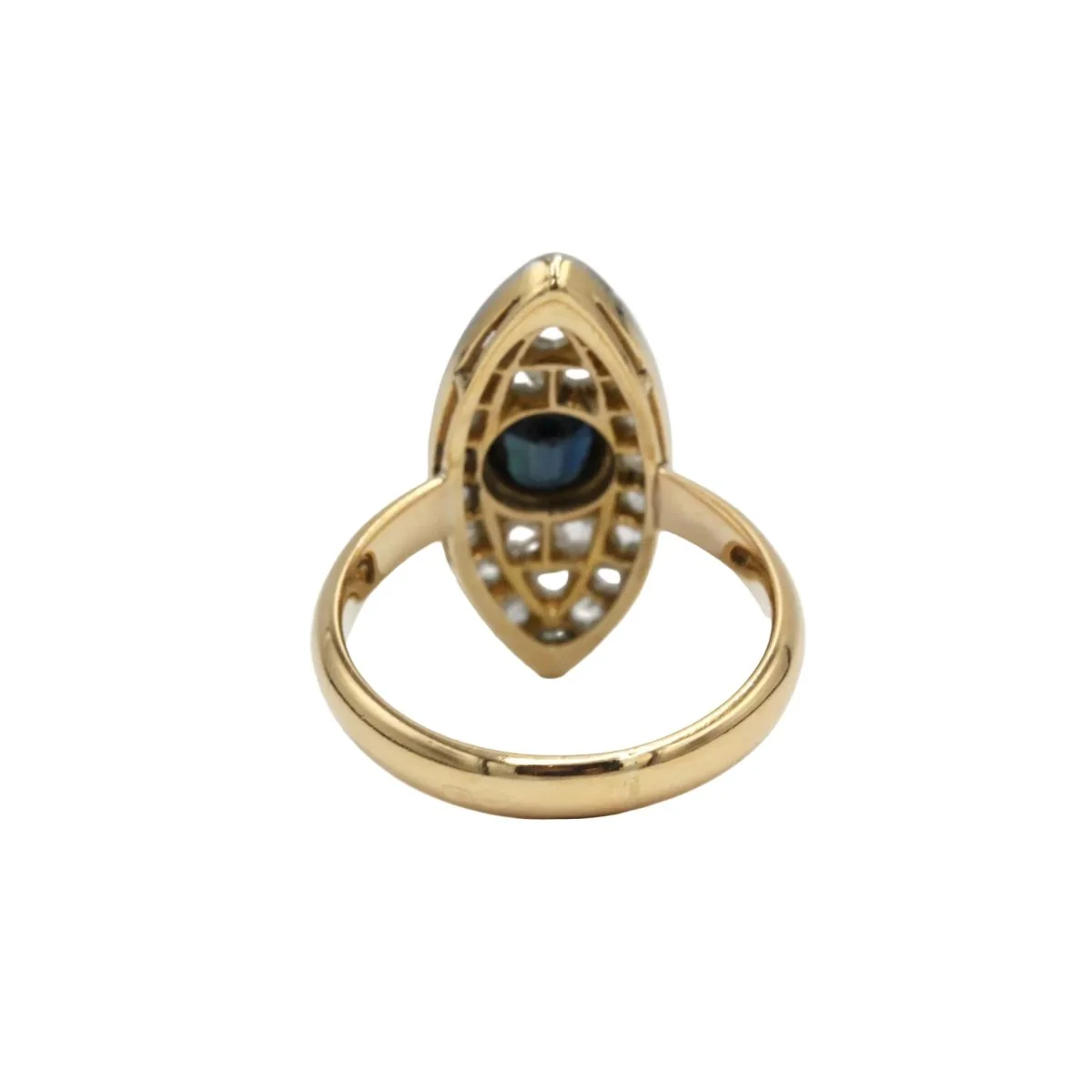 Bague Marquise en or jaune, platine, saphir et diamants - Image 4