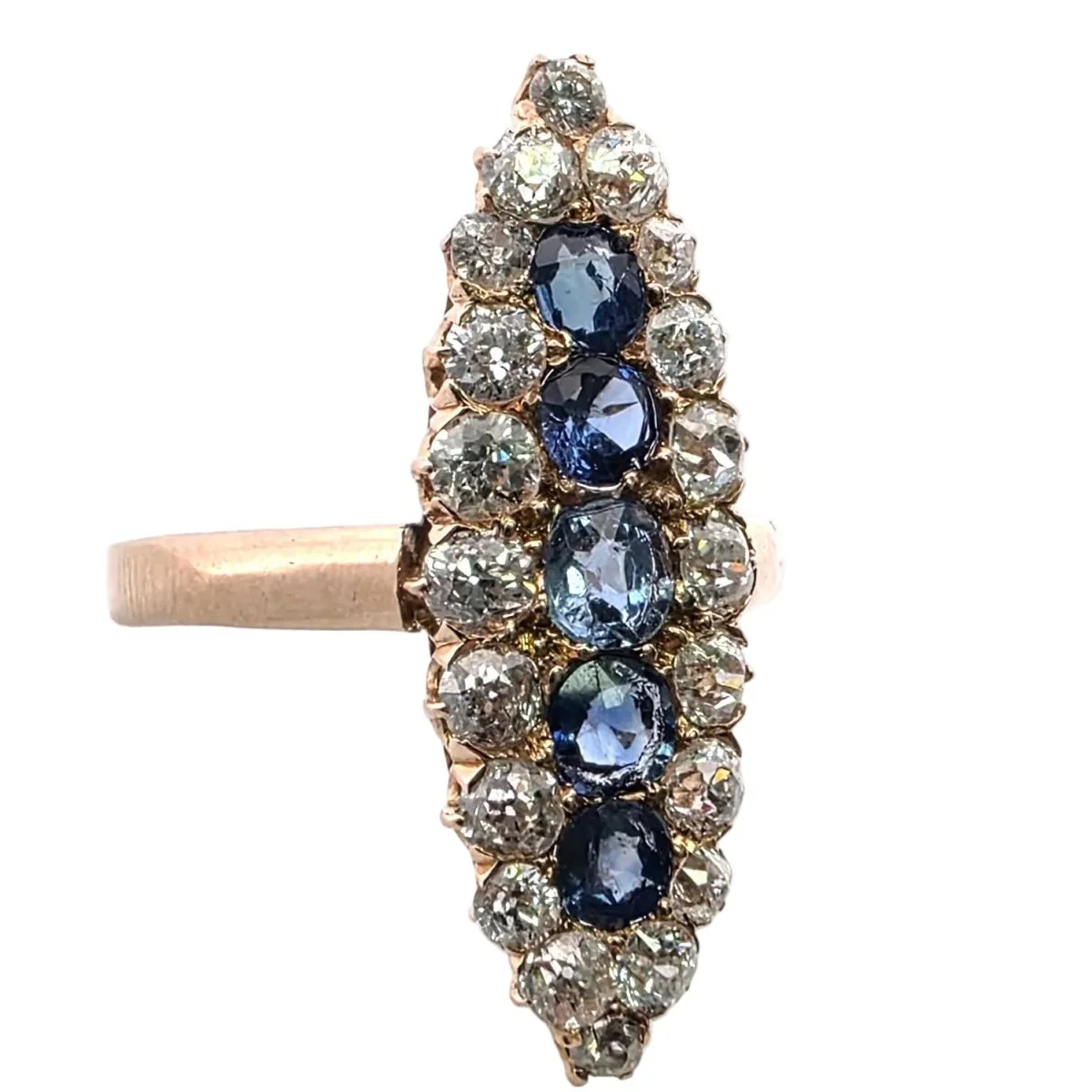 Bague Marquise en or jaune, saphirs et diamants - Image 5