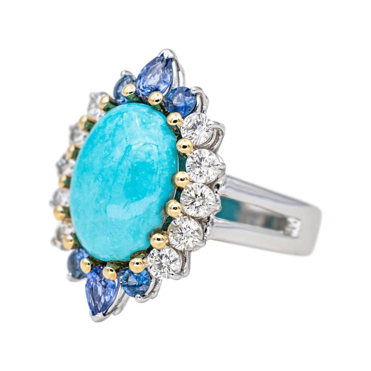 Bague Marquise en or blanc, turquoise, saphirs et diamants - Image 3