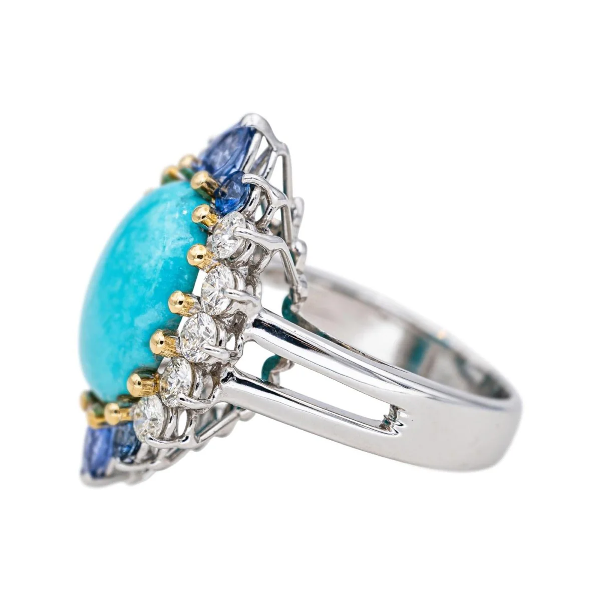 Bague Marquise en or blanc, turquoise, saphirs et diamants - Image 4