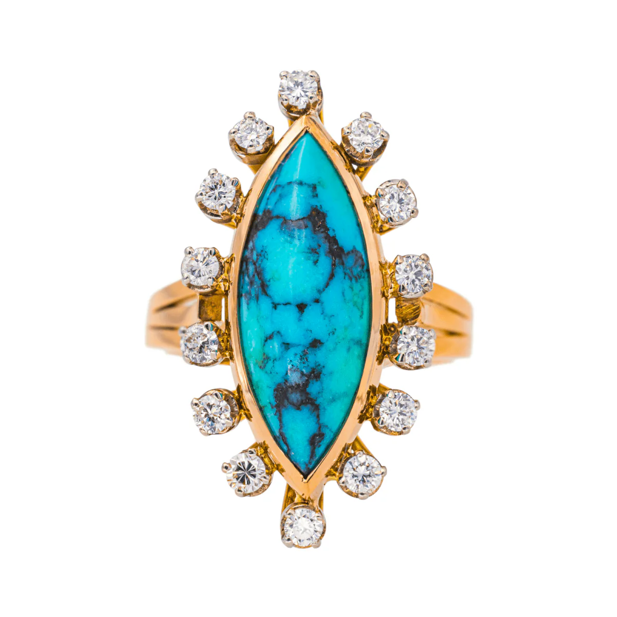 Bague Marquise en or rose, turquoise et diamants