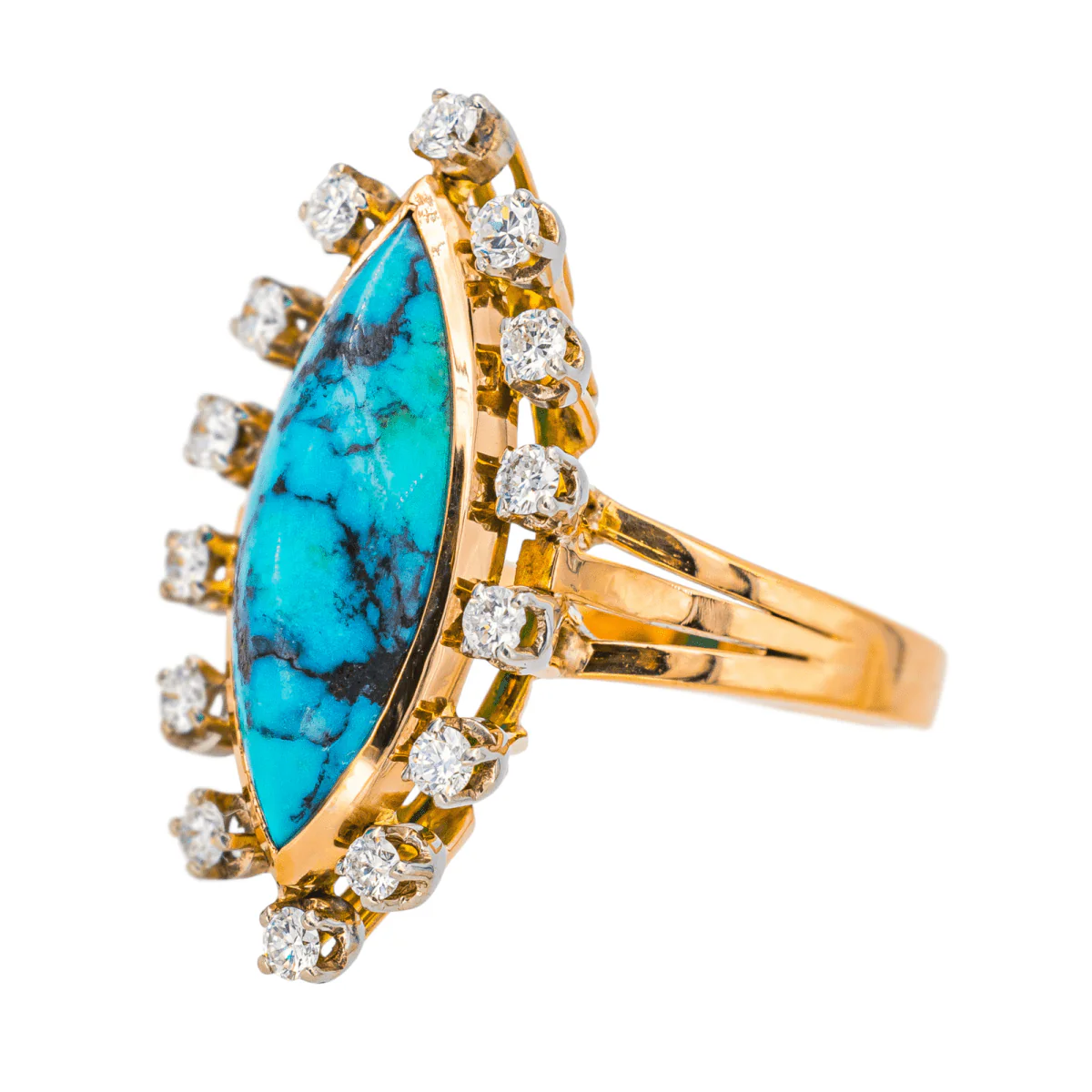 Bague Marquise en or rose, turquoise et diamants - Image 3