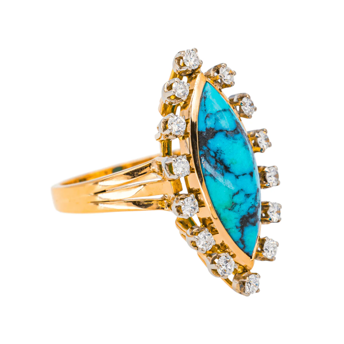 Bague Marquise en or rose, turquoise et diamants - Image 6
