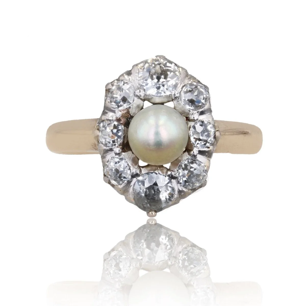 Bague Marquise en or jaune, platine, perle et diamants