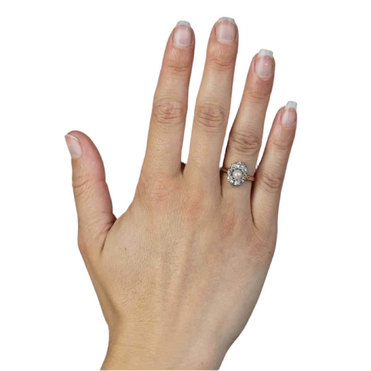 Bague Marquise en or jaune, platine, perle et diamants - Image 2