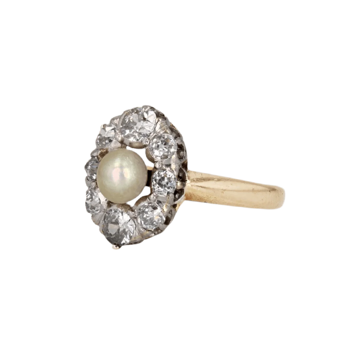 Bague Marquise en or jaune, platine, perle et diamants - Image 3