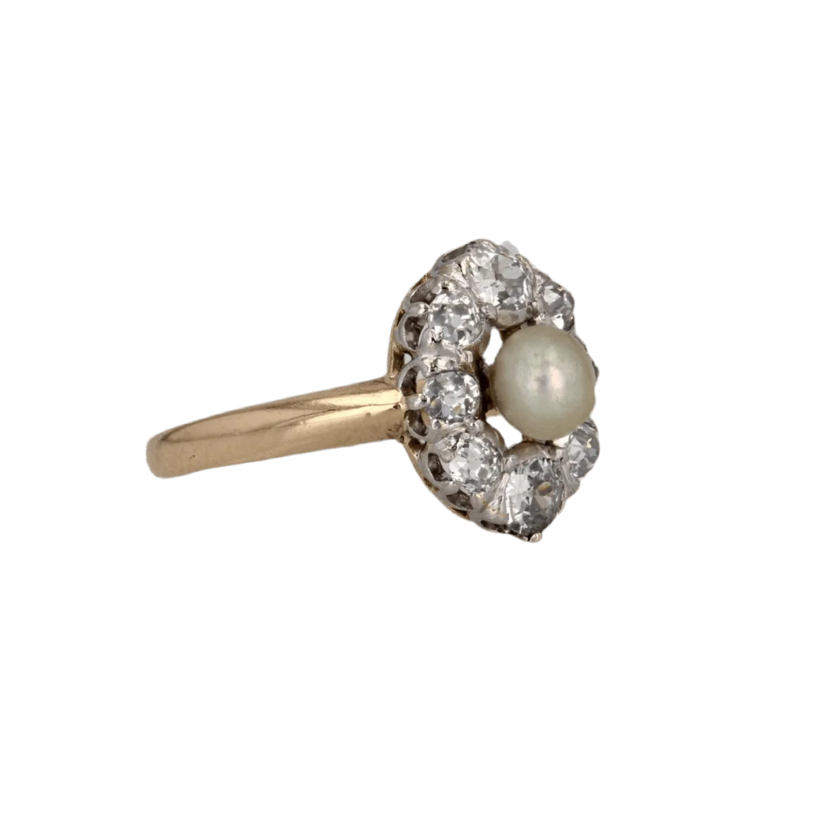 Bague Marquise en or jaune, platine, perle et diamants - Image 5