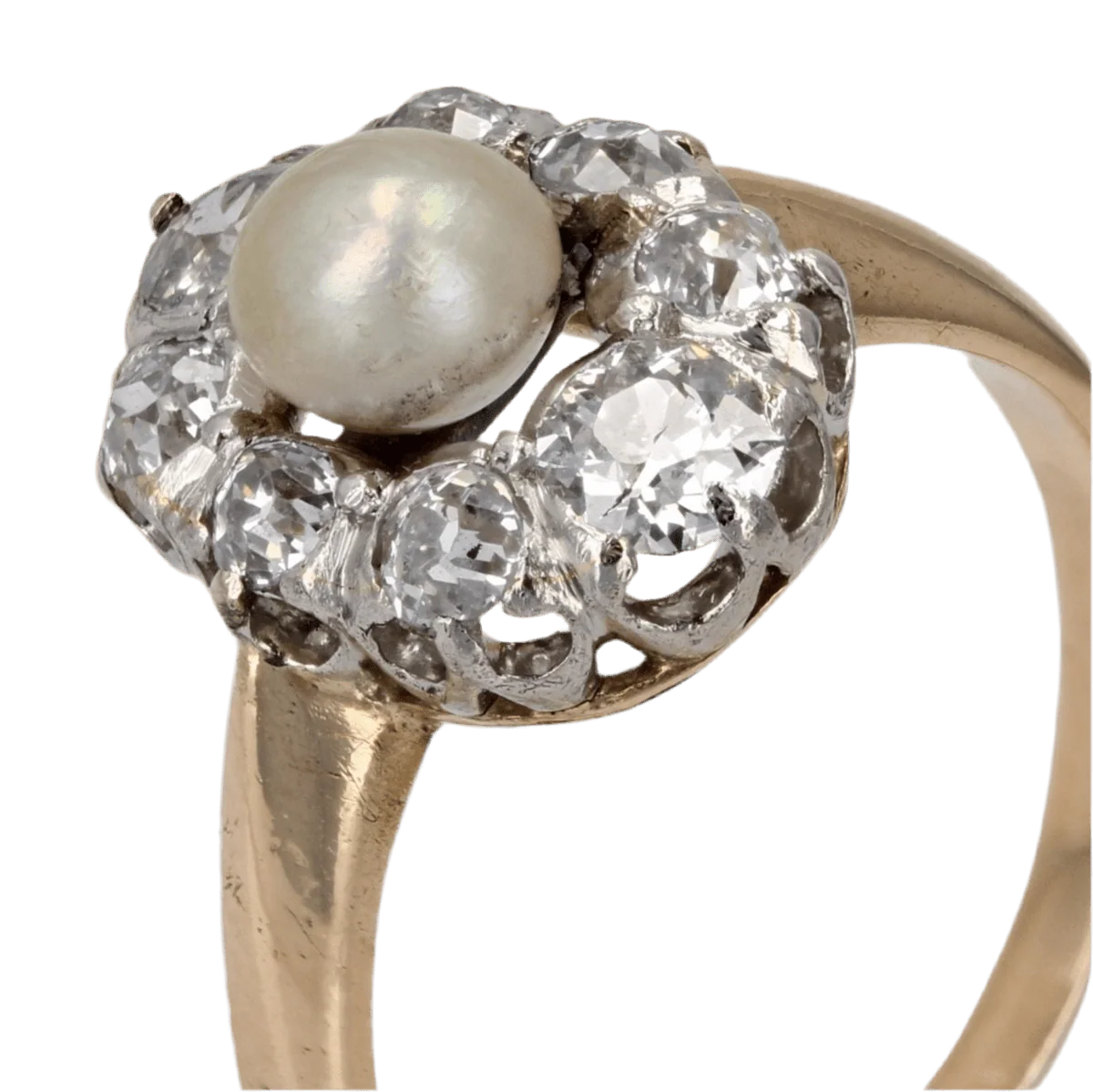 Bague Marquise en or jaune, platine, perle et diamants - Image 7