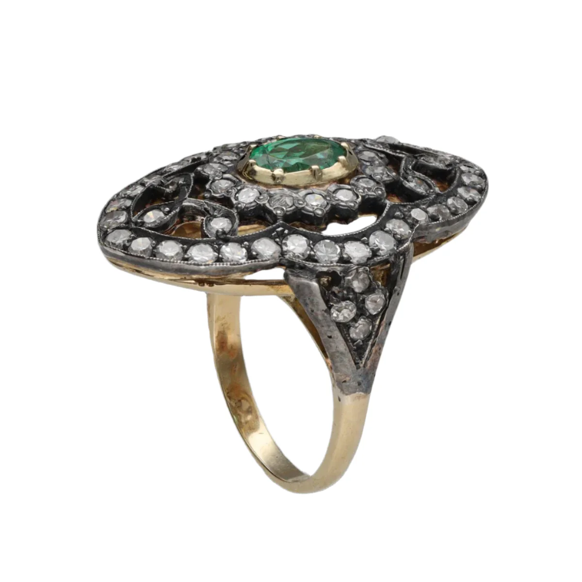 Bague Marquise en or jaune, argent, émeraude et avec diamants taille ancienne - Image 3