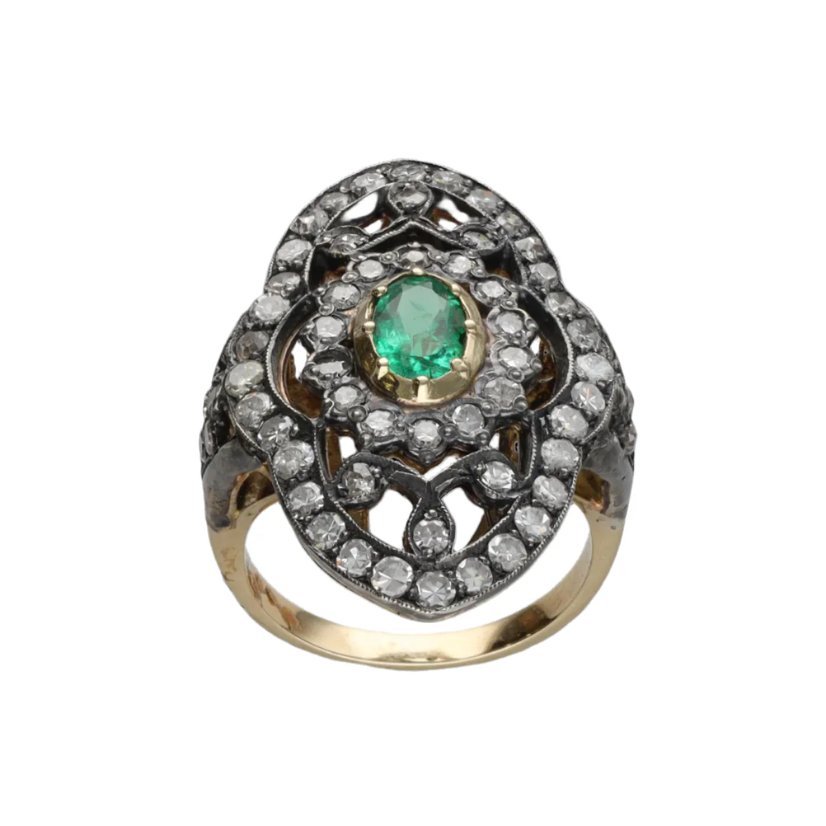 Bague Marquise en or jaune, argent, émeraude et avec diamants taille ancienne - Image 4