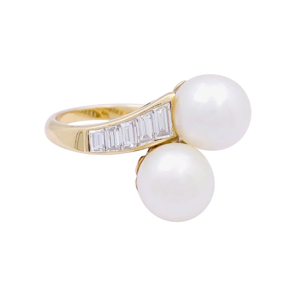 Bague MAUBOUSSIN vintage perles, or jaune, diamants. - Image 2