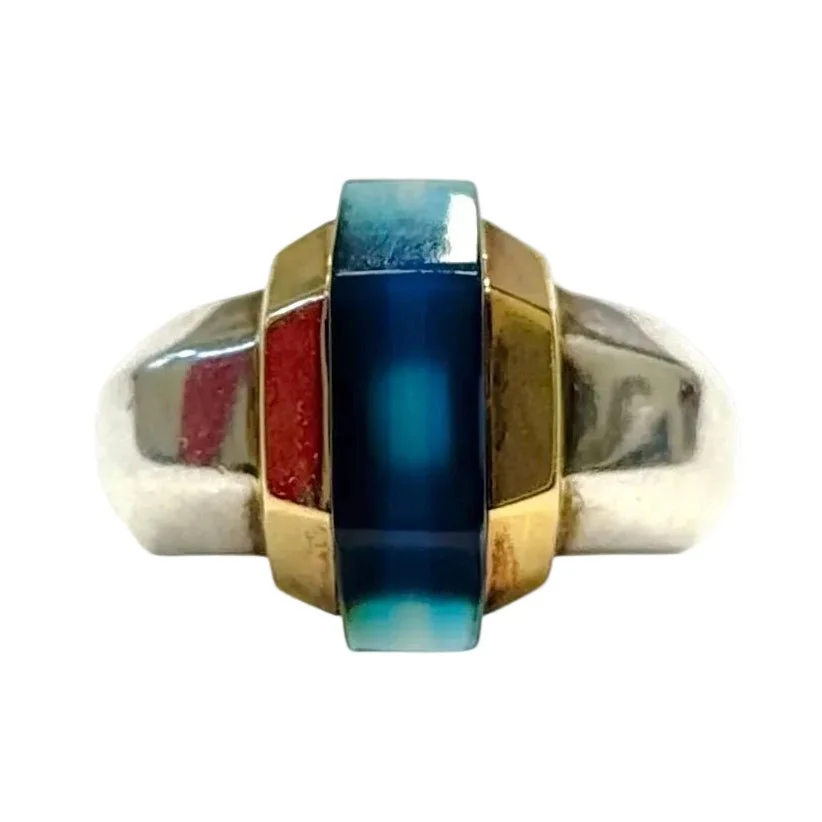 Bague Cocktail PUIFORCAT en or jaune, argent et verre bleu