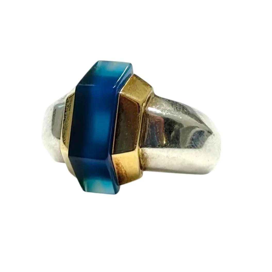 Bague Cocktail PUIFORCAT en or jaune, argent et verre bleu - Image 3