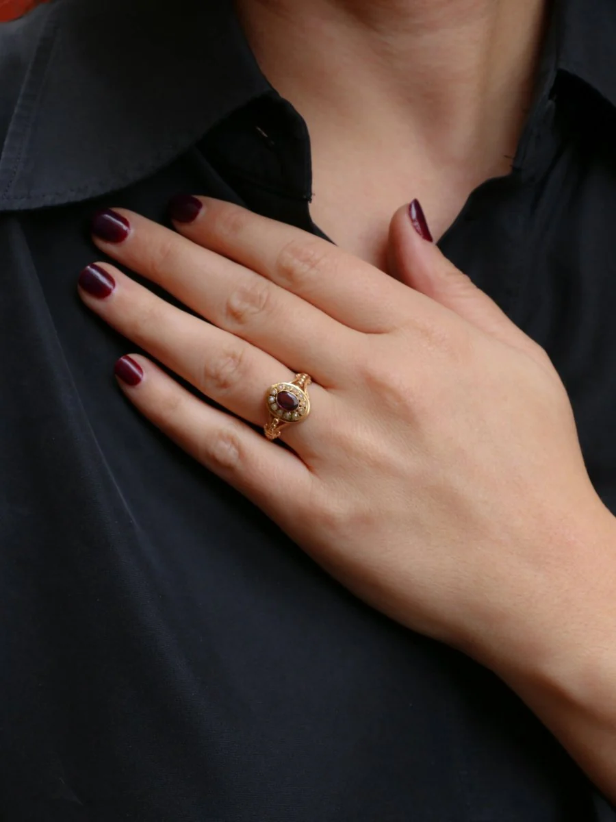 Bague Napoléon III or jaune grenat perles fines - Image 10