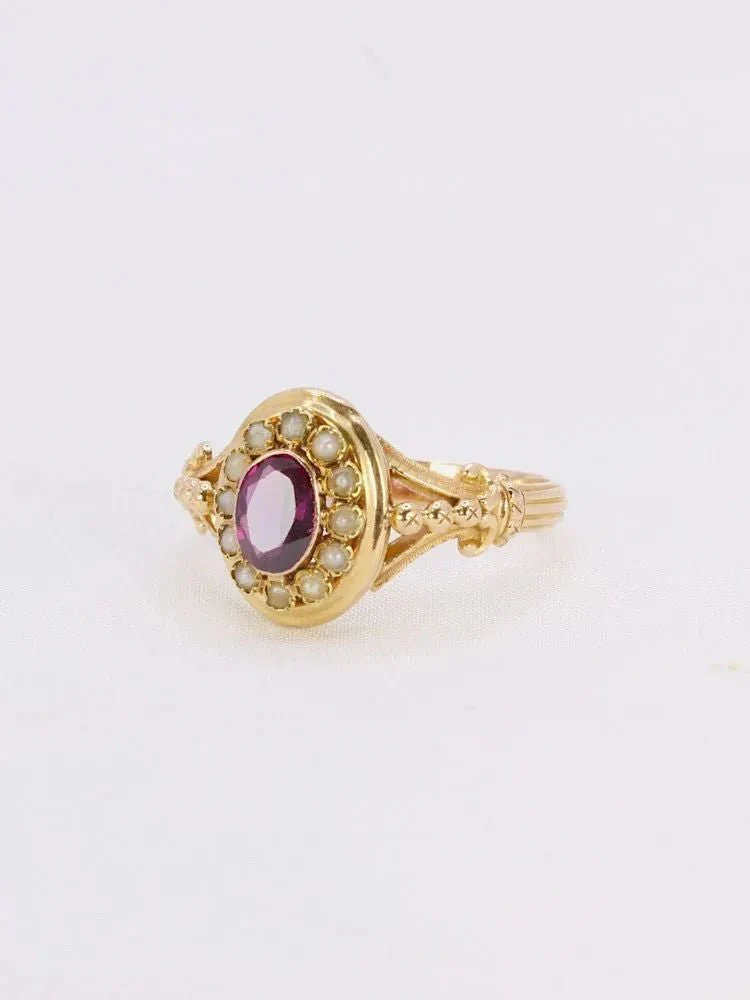 Bague Napoléon III or jaune grenat perles fines - Image 3