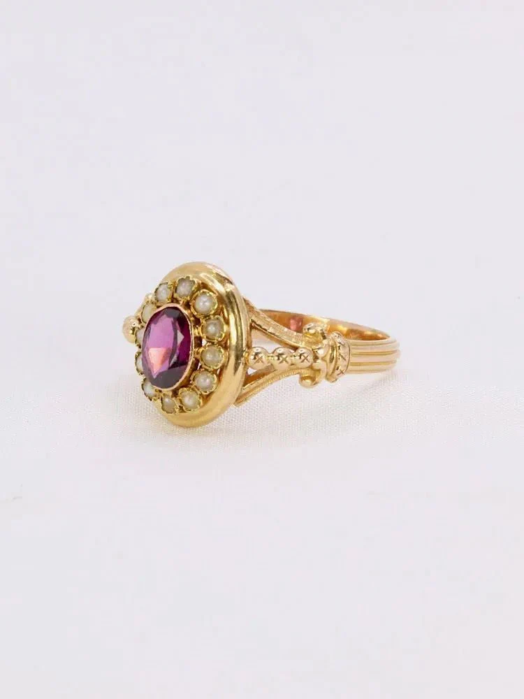 Bague Napoléon III or jaune grenat perles fines - Image 4