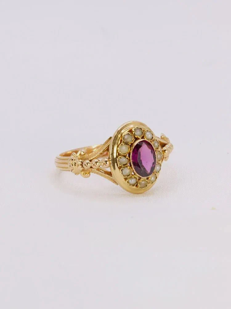 Bague Napoléon III or jaune grenat perles fines - Image 8