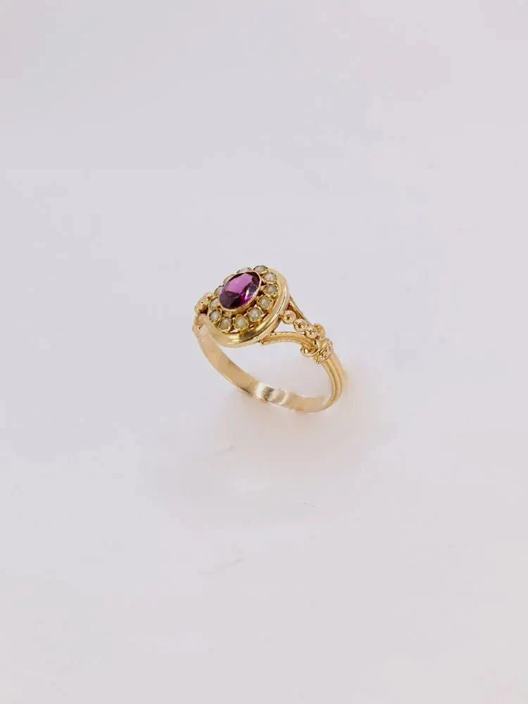 Bague Napoléon III or jaune grenat perles fines - Image 9