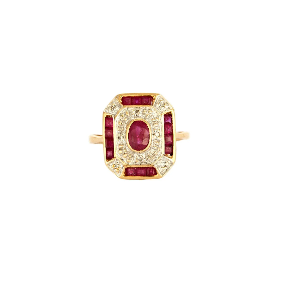 Bague Entourage en or jaune, or blanc, rubis, et diamants