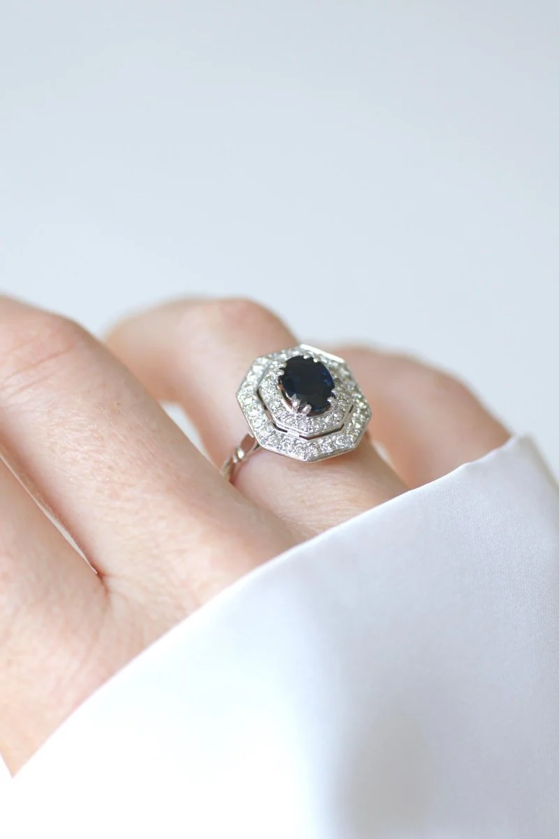 Bague Octogonale Saphir et Diamants Style Art Déco - Image 6