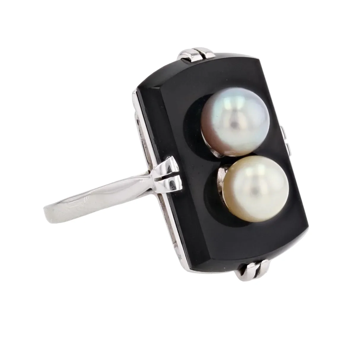 Bague Cocktail en or blanc, onyx et perle - Image 5