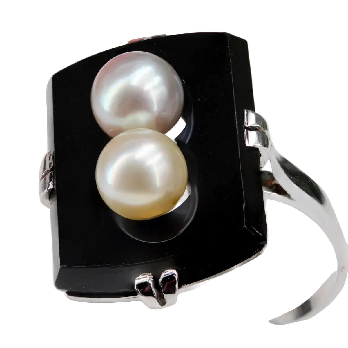 Bague Cocktail en or blanc, onyx et perle - Image 7