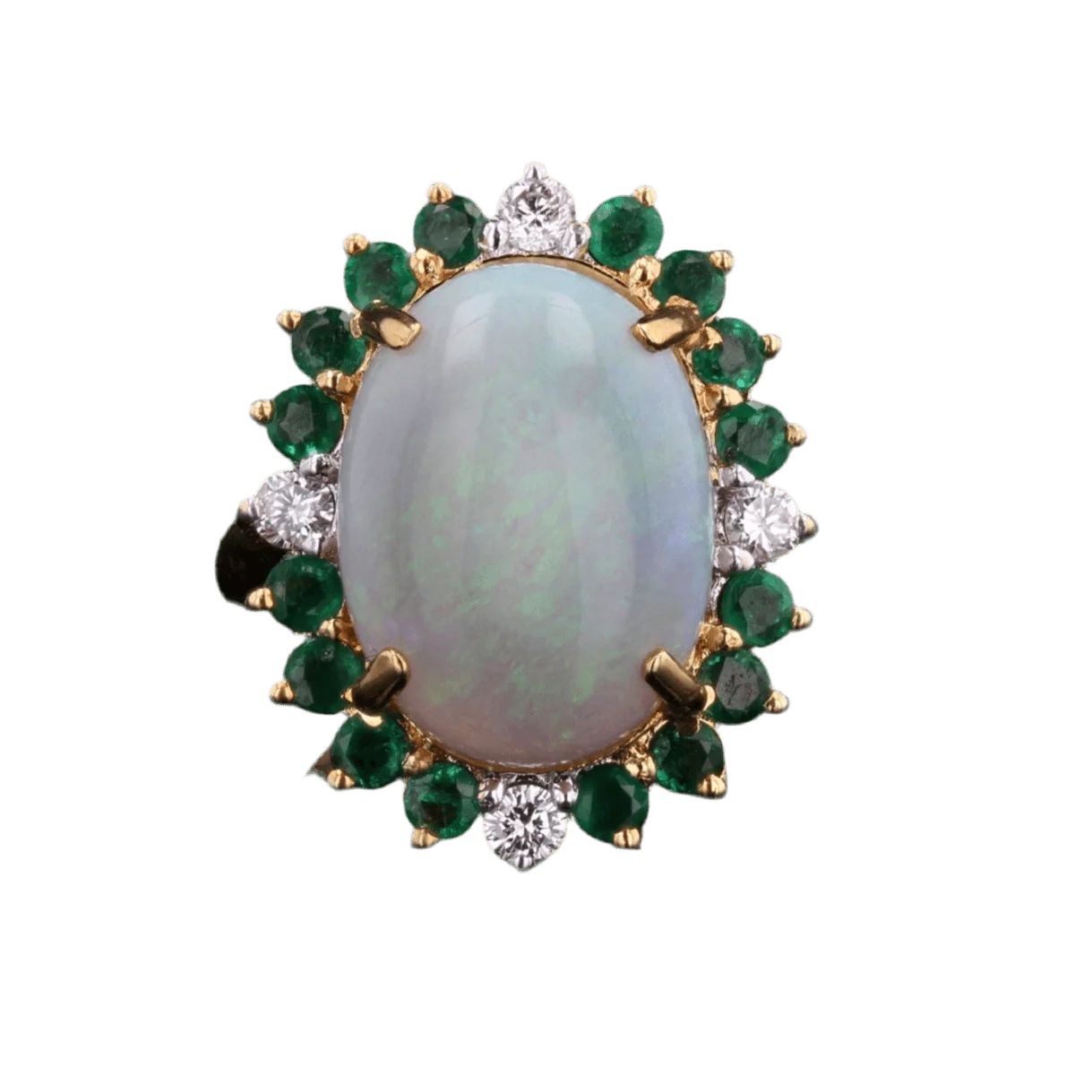 Bague Entourage en or jaune, opale, émeraudes et diamants