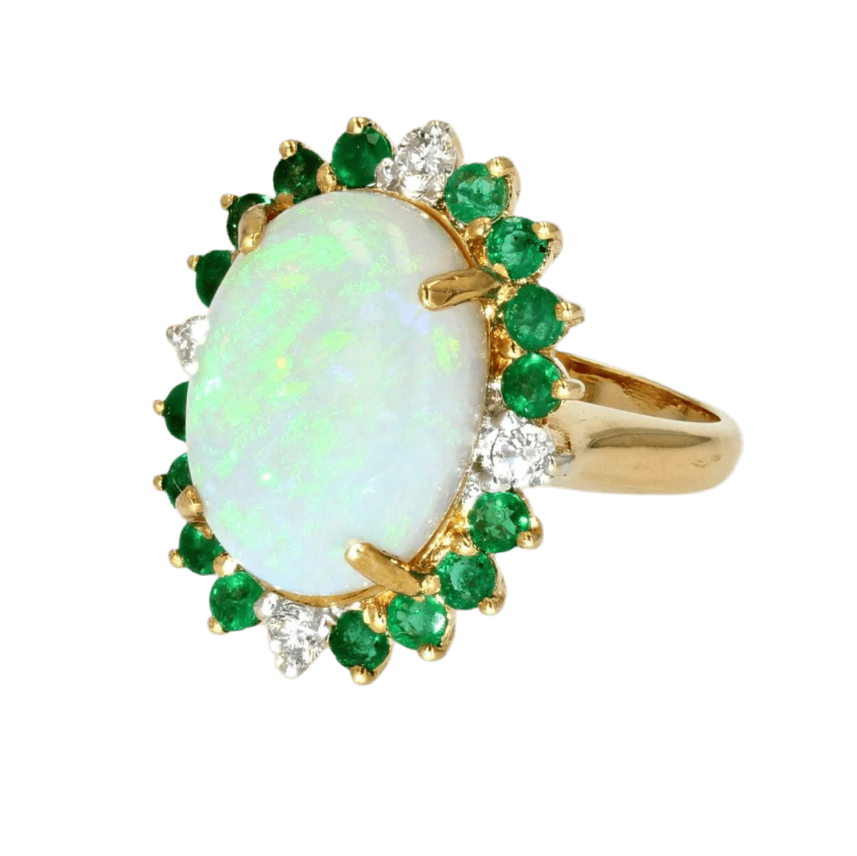 Bague Entourage en or jaune, opale, émeraudes et diamants - Image 3