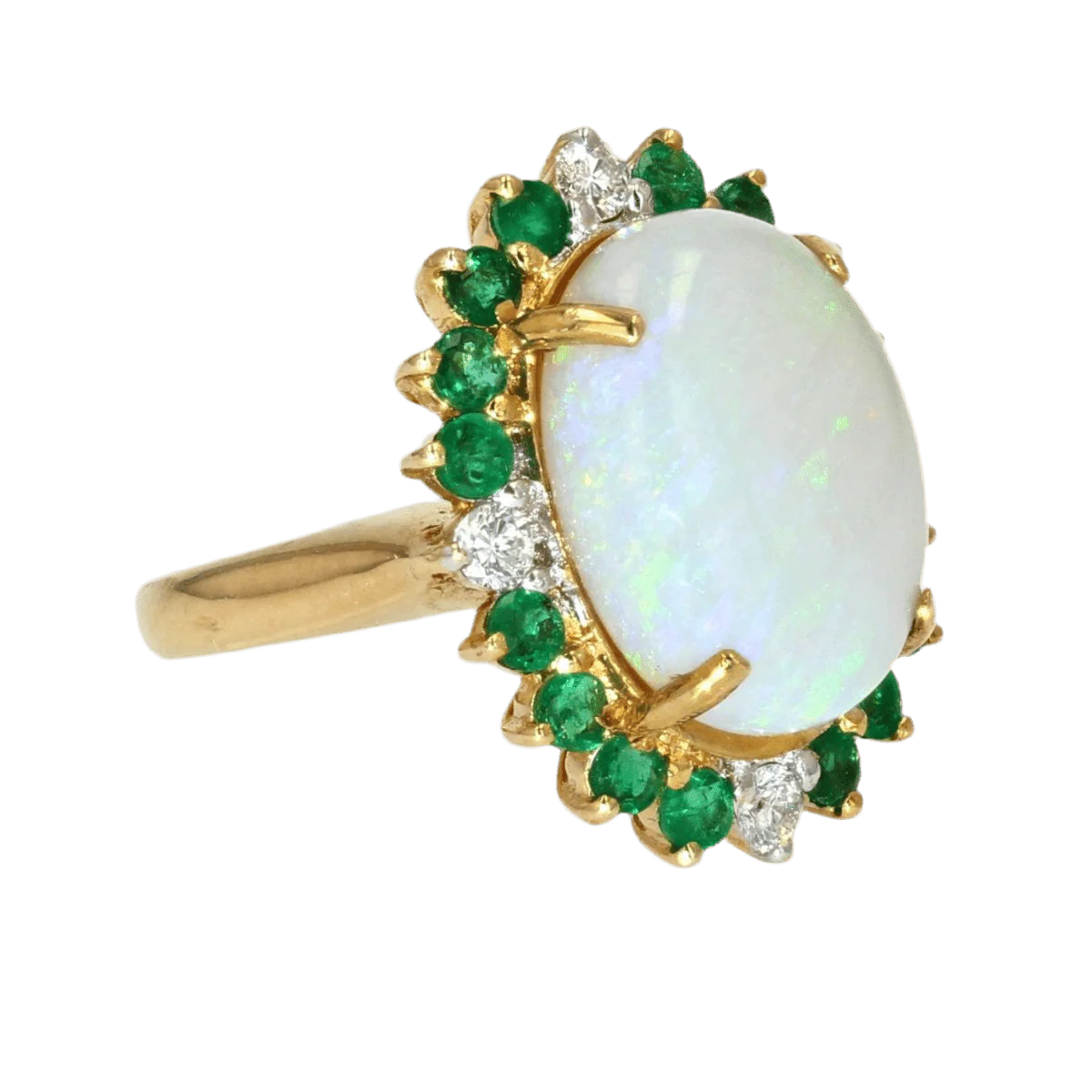Bague Entourage en or jaune, opale, émeraudes et diamants - Image 5