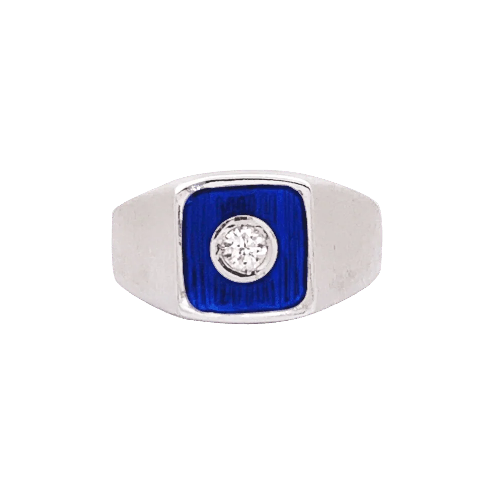 Bague Chevalière en or blanc, émail et diamant