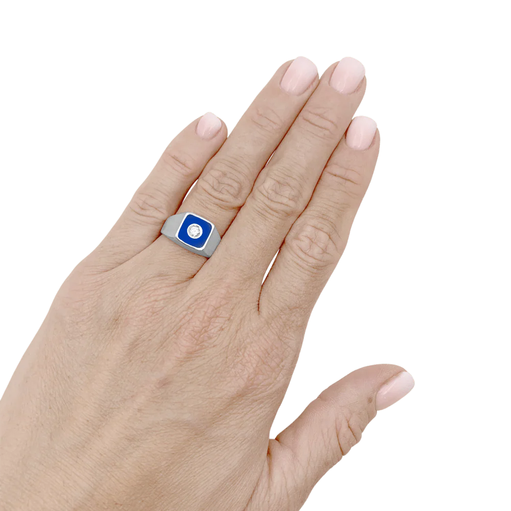 Bague Chevalière en or blanc, émail et diamant - Image 2