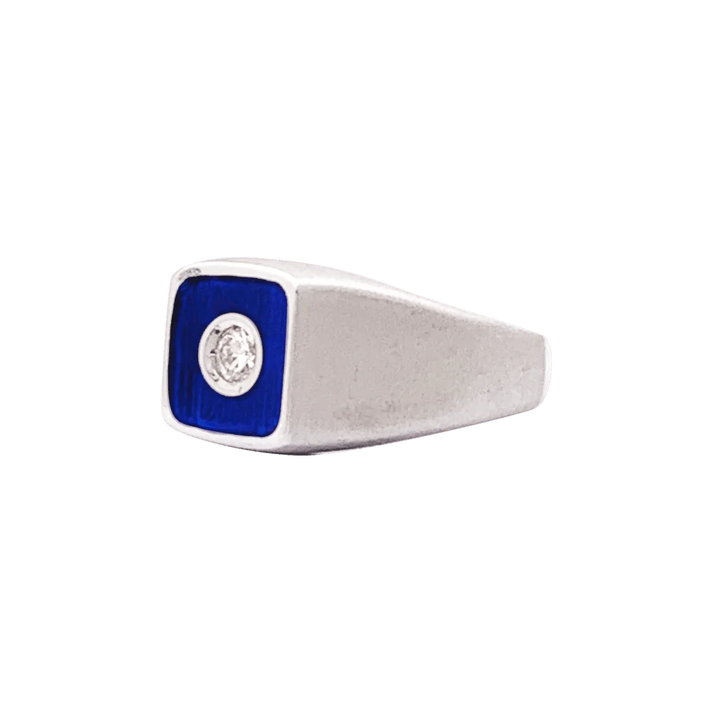 Bague Chevalière en or blanc, émail et diamant - Image 3