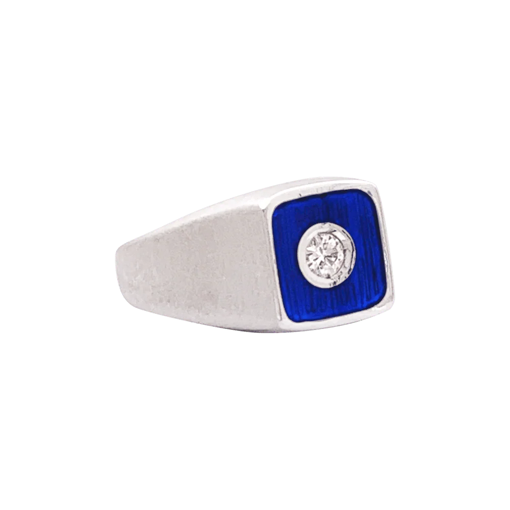 Bague Chevalière en or blanc, émail et diamant - Image 4