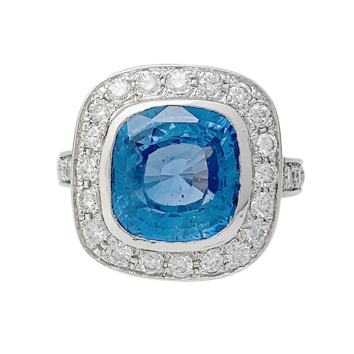 Bague or blanc entourage diamants, saphir 5 carats