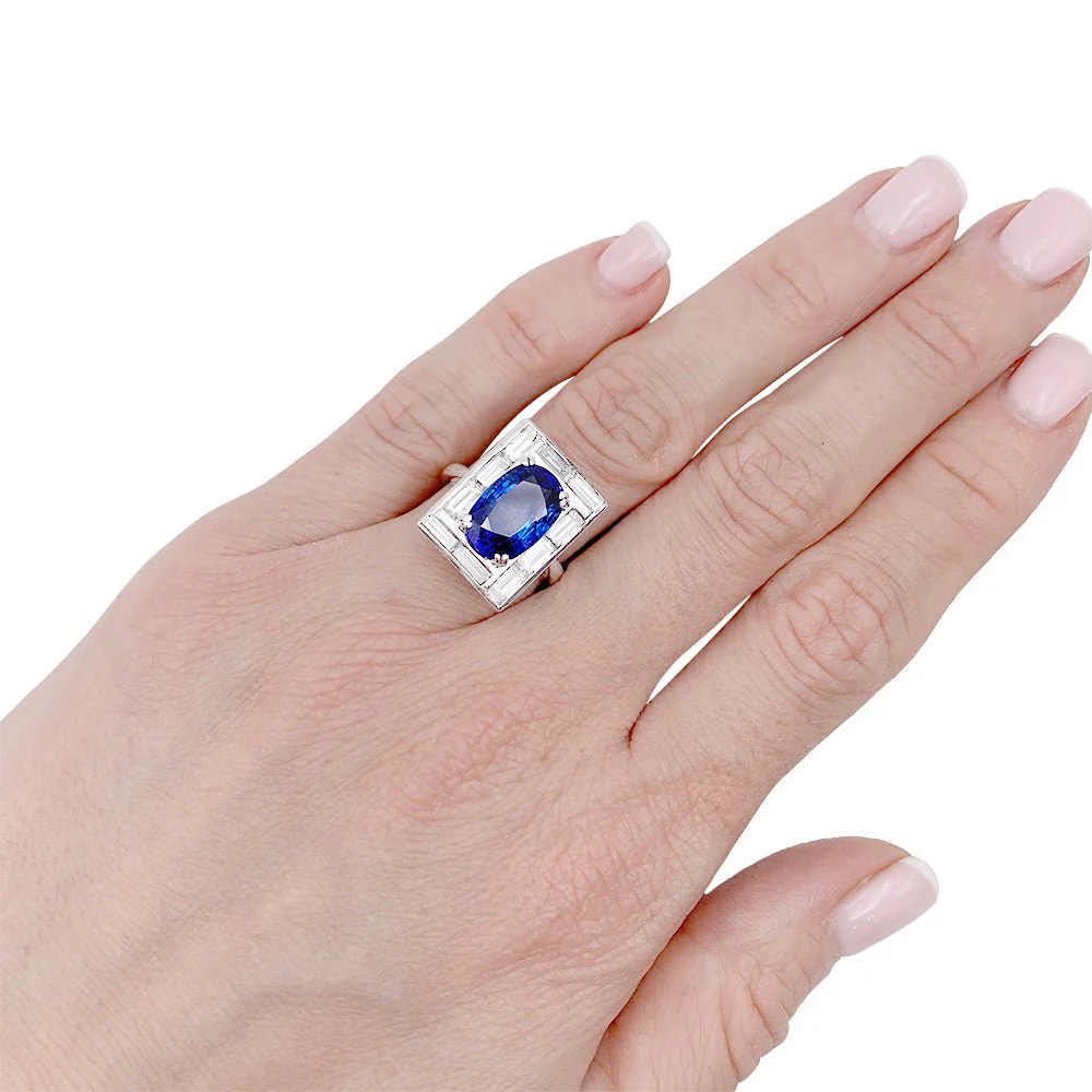 Bague or blanc, saphir 3,84 cts et diamants baguettes - Image 3