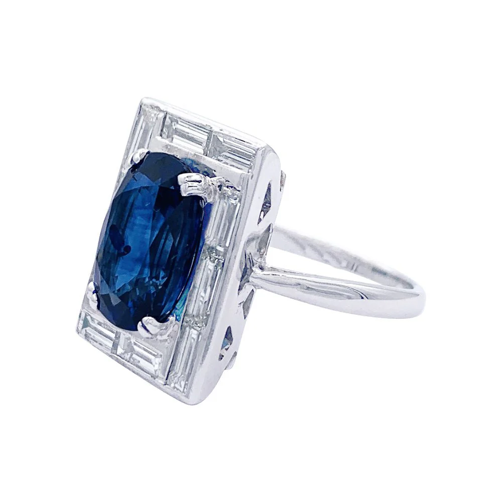 Bague or blanc, saphir 3,84 cts et diamants baguettes - Image 5