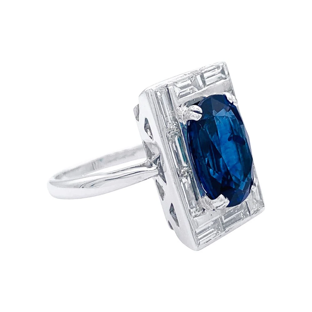 Bague or blanc, saphir 3,84 cts et diamants baguettes - Image 8