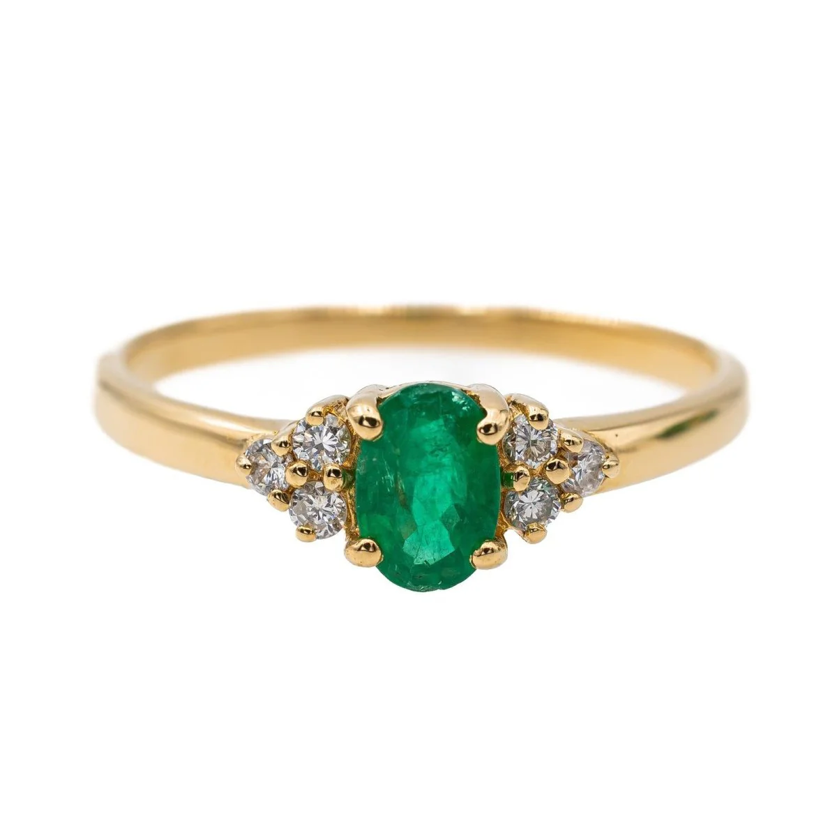 Bague en or jaune, émeraude, et diamant