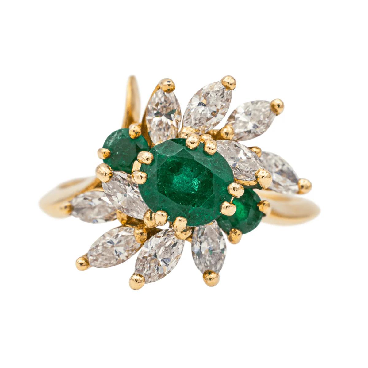 Bague Marguerite en or jaune, émeraudes et diamants