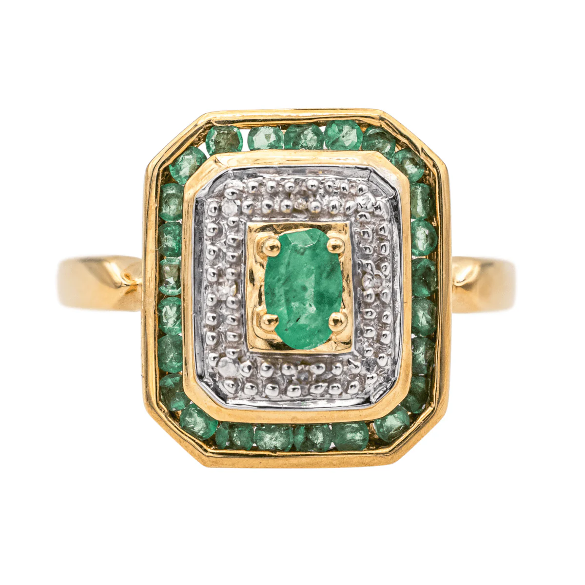 Bague en or jaune, or blanc, émeraudes et diamants