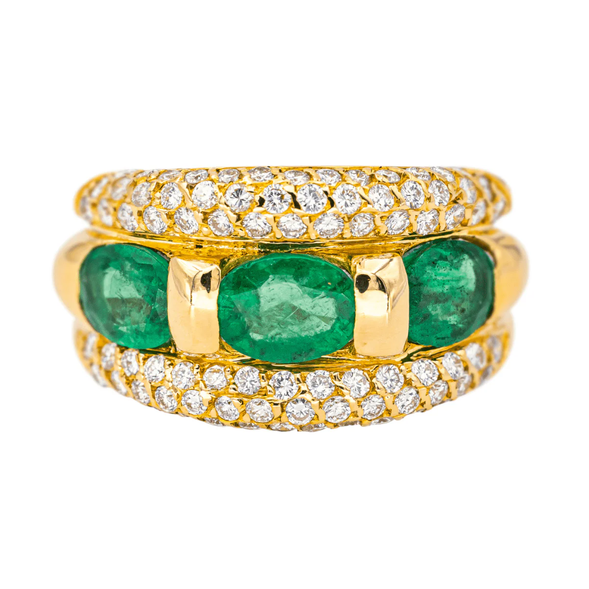 Bague Jonc en or jaune, émeraudes et diamants