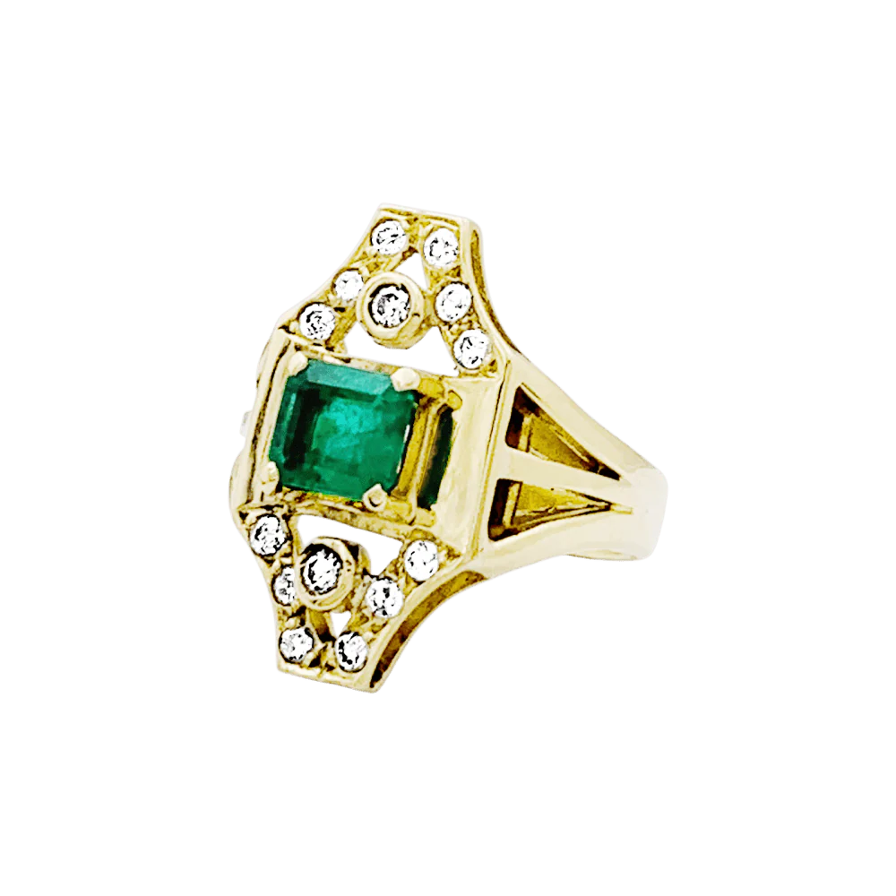 Bague Entourage en or jaune, émeraude et diamants - Image 3