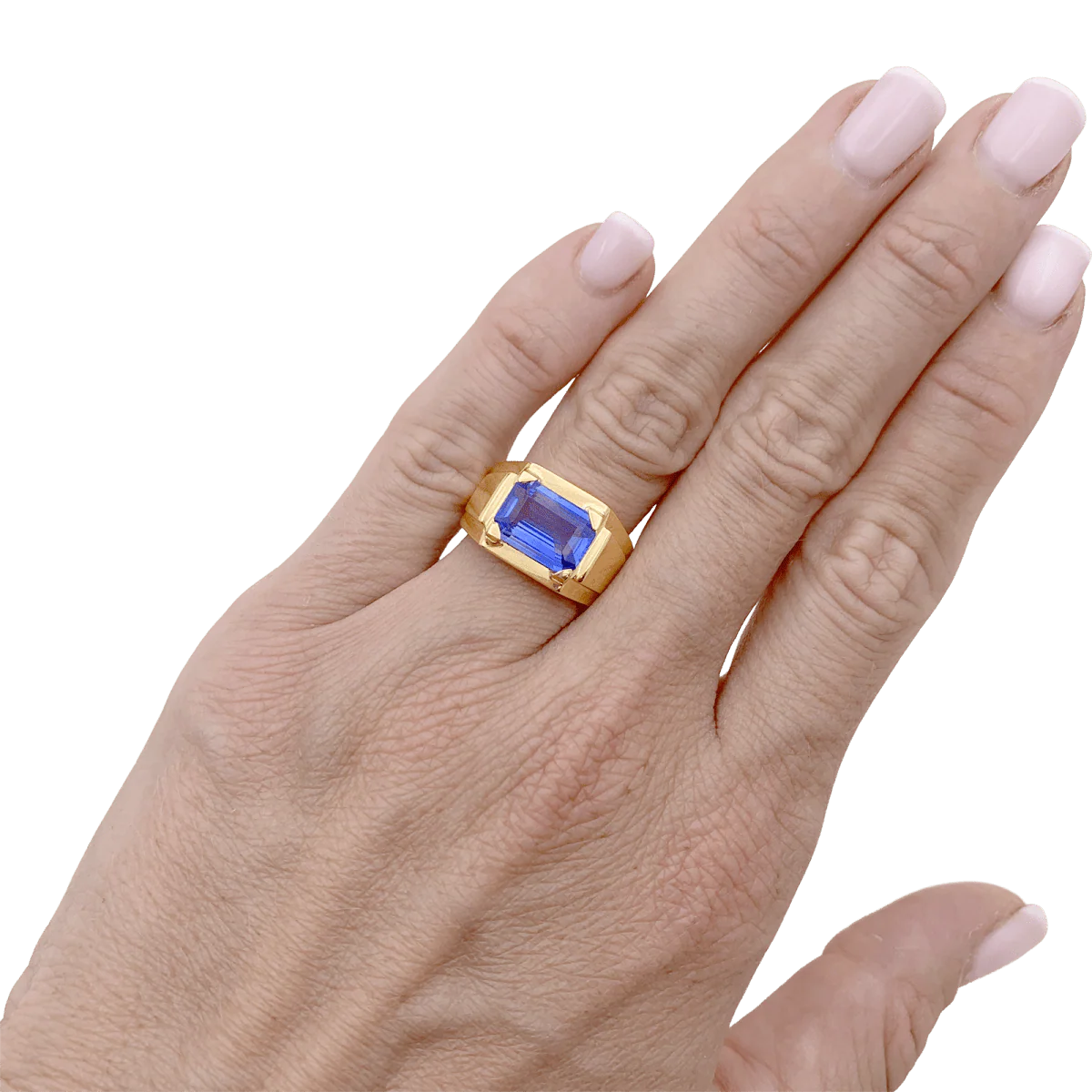 Bague Chevalière en or jaune et saphir - Image 2