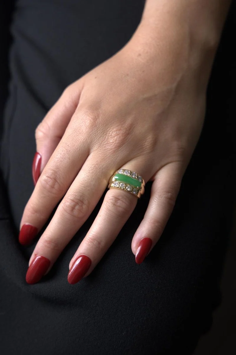 Bague en or jaune, jade et diamants - Image 3
