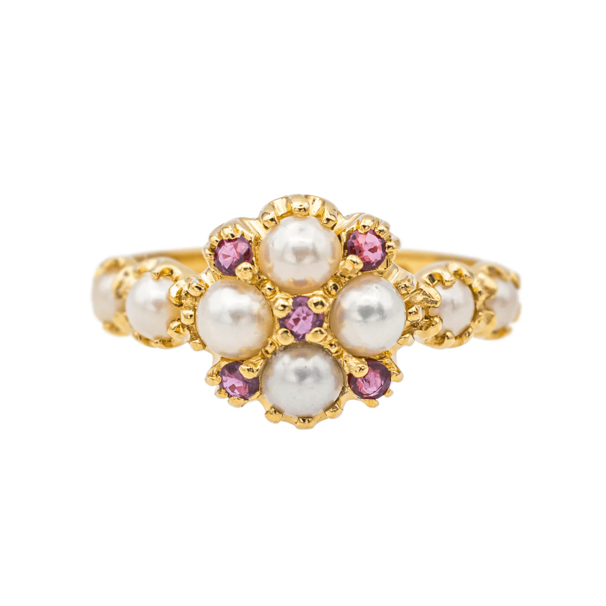 Bague en or jaune, perles et rubis