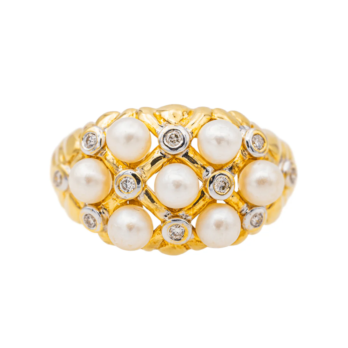 Bague Bandeau en or jaune et blanc, perle de culture et diamants
