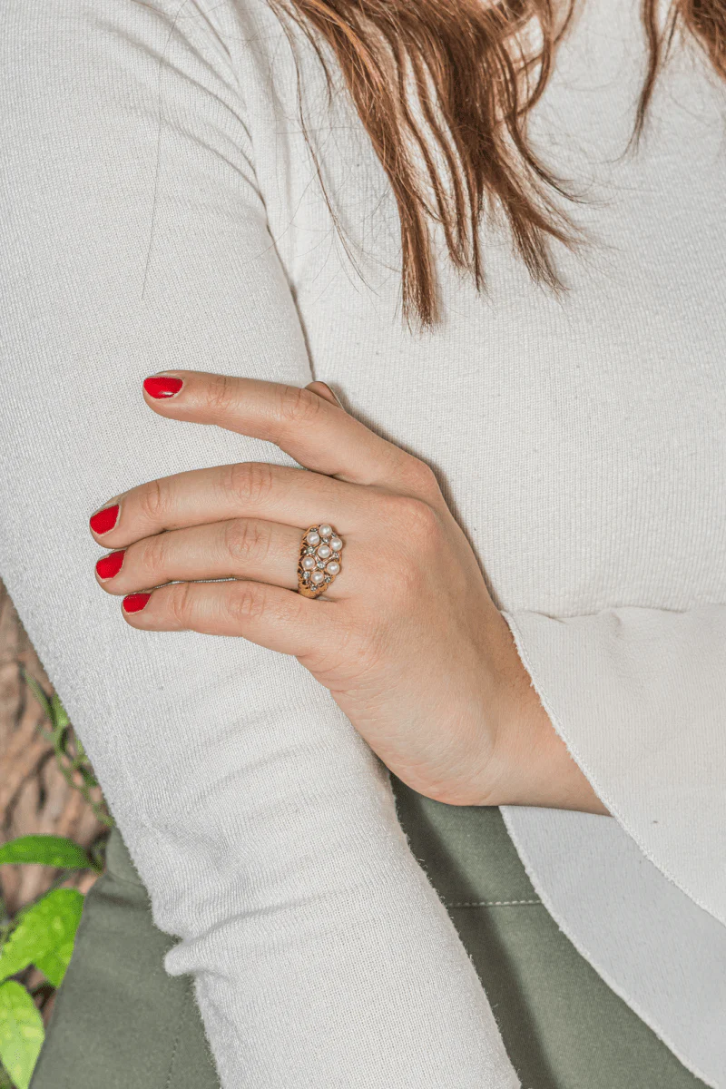 Bague Bandeau en or jaune et blanc, perle de culture et diamants - Image 2