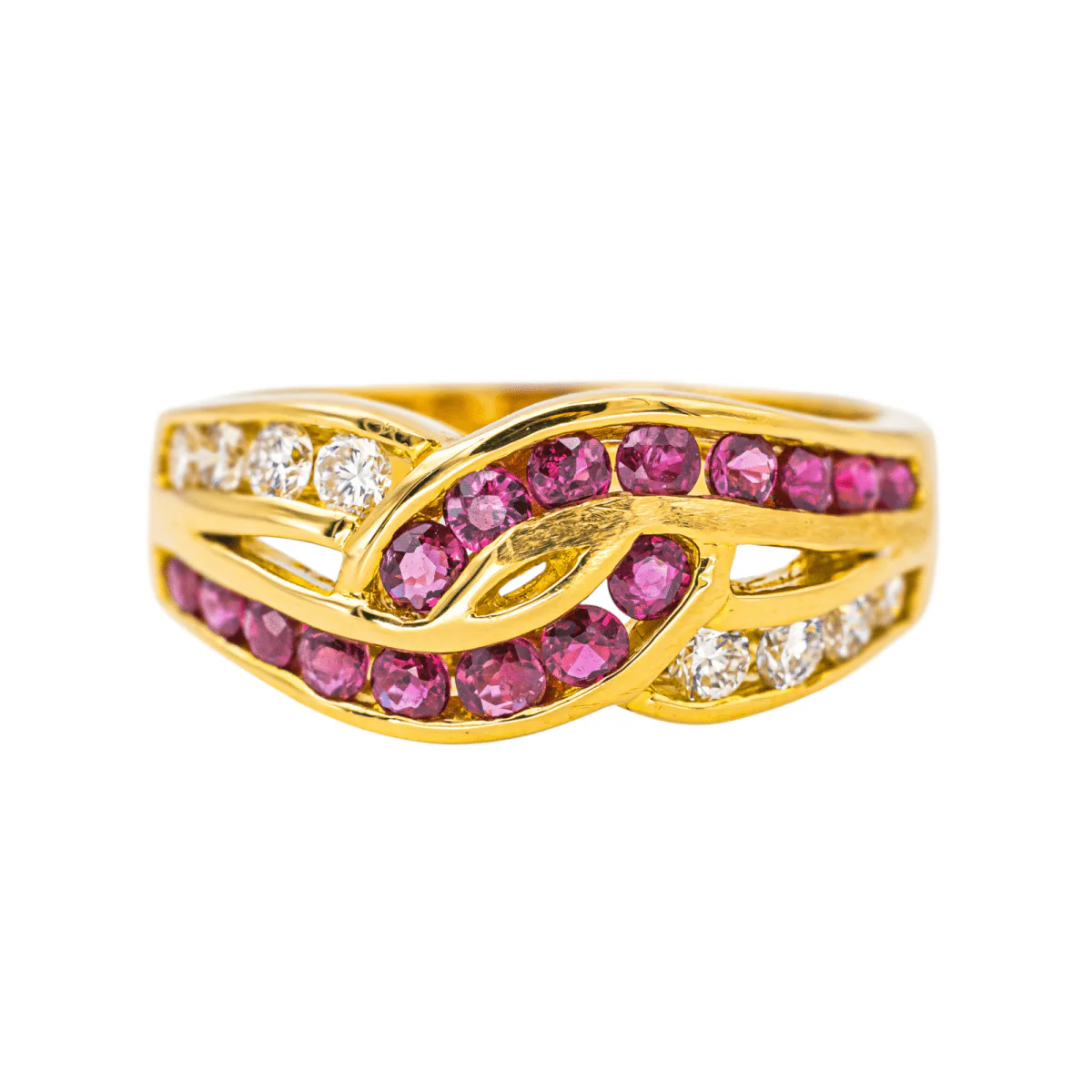 Bague Jarretière en or jaune, rubis et diamants